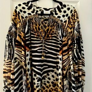 Camilla blouse. Gorgeous zebra and tiger print with green and gold jewels.